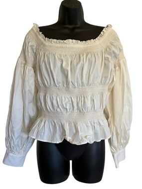 100% Cotton Smocked Off-Shoulder Peasant Fairy Blouse in Cream - Size S